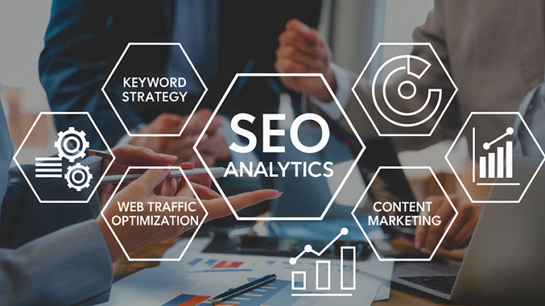 Business professionals discussing SEO analytics with overlay graphics showing keyword strategy, web traffic optimization, and content marketing