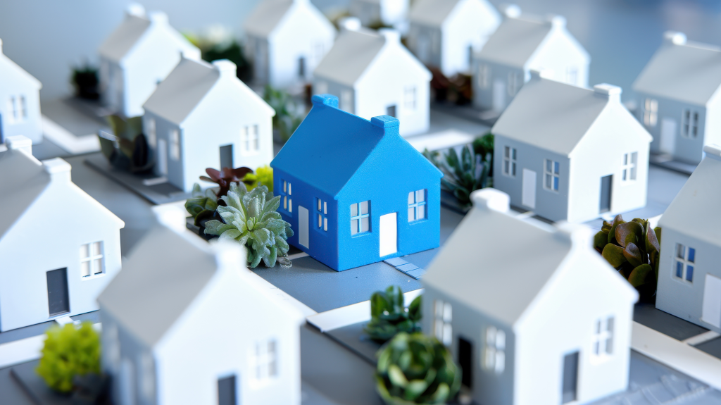 A standout blue house surrounded by identical white houses in a miniature neighborhood, symbolizing uniqueness and standing out from the competition.